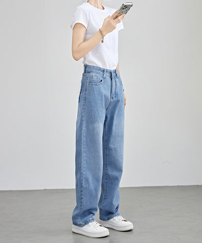 フラワー柄 ポケット付き ハイウエスト ストレート デニムパンツ