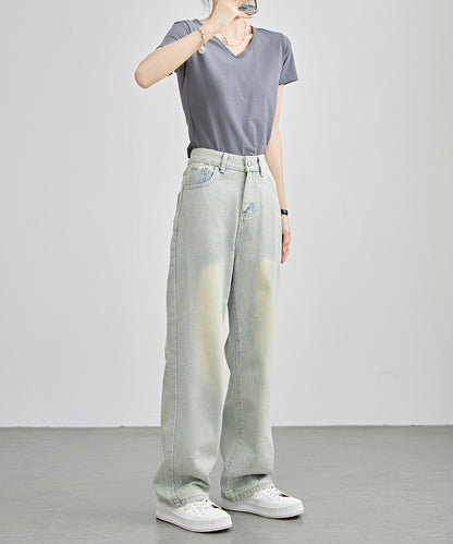 ラインストーン付き ハイウエスト セミワイド ストレート デニムパンツ