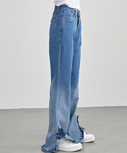 ハイウエスト フリル リボン フレア デニム パンツ