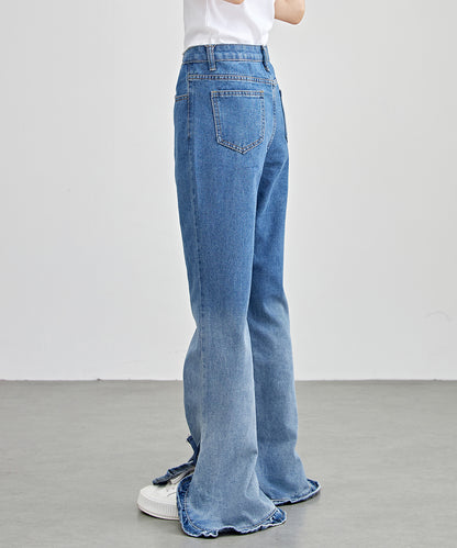 ハイウエスト フリル リボン フレア デニム パンツ
