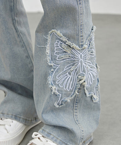 ハイウエスト バタフライ刺繍 フレア デニム パンツ