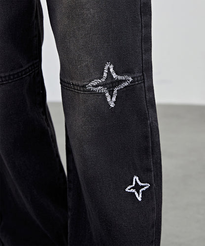 ハイウエスト 星柄 刺繍 ワイド デニム パンツ
