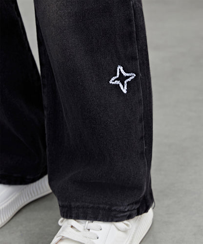 ハイウエスト 星柄 刺繍 ワイド デニム パンツ
