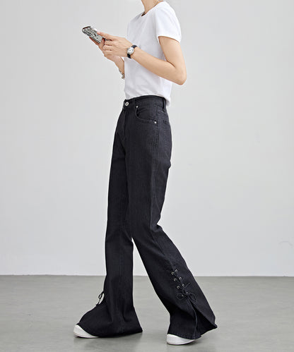 ハイウエスト サイド リボン フレア デニム パンツ