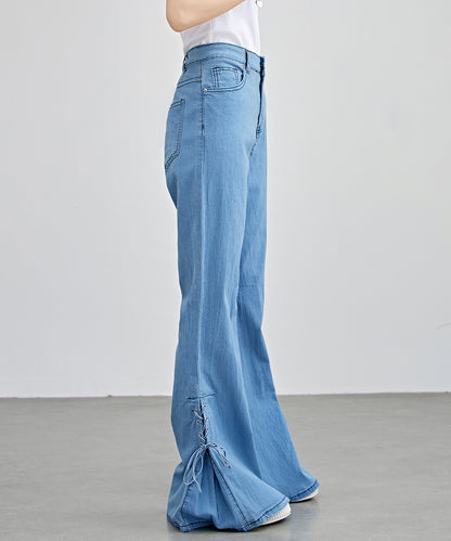 ハイウエスト サイド リボン フレア デニム パンツ
