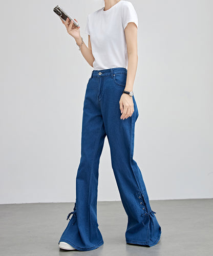 ハイウエスト サイド リボン フレア デニム パンツ