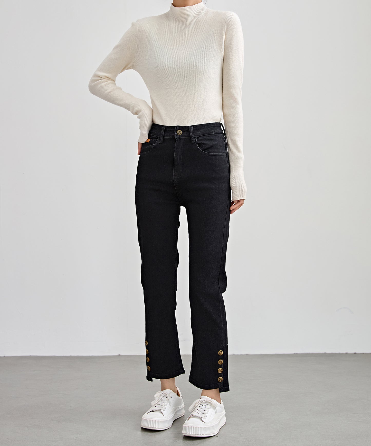 ハイウエスト サイドボタン 9分丈 デニム パンツ