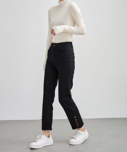 ハイウエスト サイドボタン 9分丈 デニム パンツ