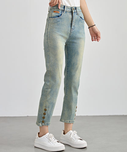 ハイウエスト サイドボタン 9分丈 デニム パンツ