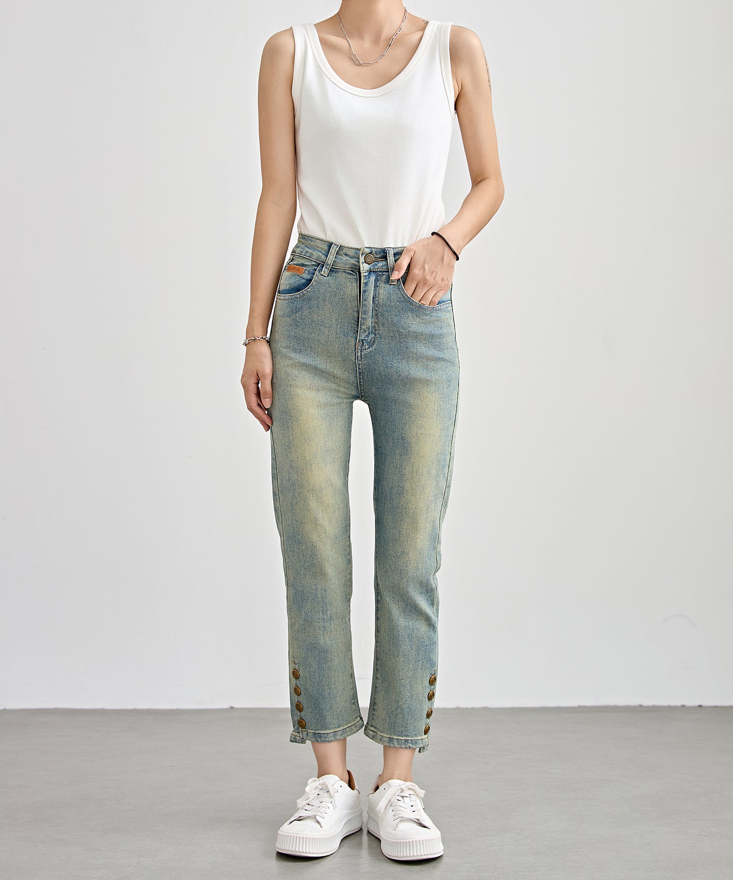 ハイウエスト サイドボタン 9分丈 デニム パンツ