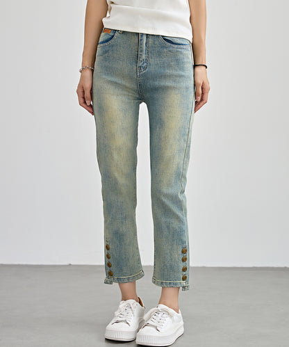 ハイウエスト サイドボタン 9分丈 デニム パンツ