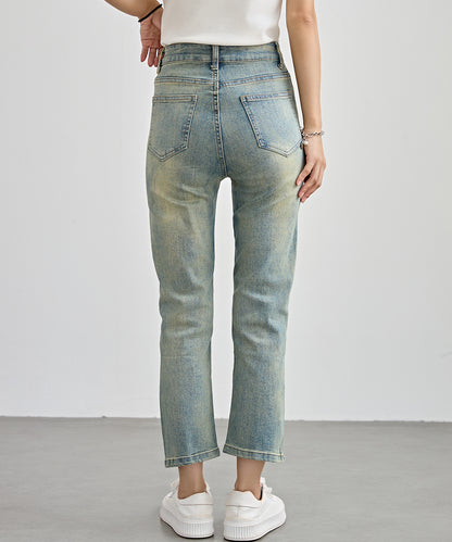 ハイウエスト サイドボタン 9分丈 デニム パンツ