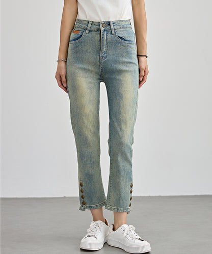 ハイウエスト サイドボタン 9分丈 デニム パンツ