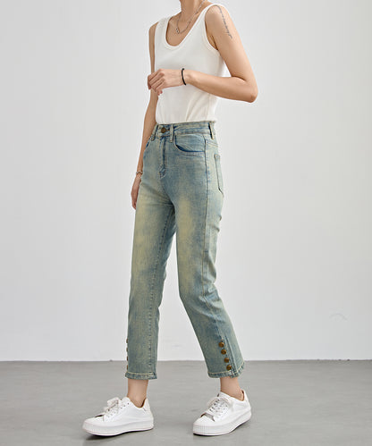 ハイウエスト サイドボタン 9分丈 デニム パンツ