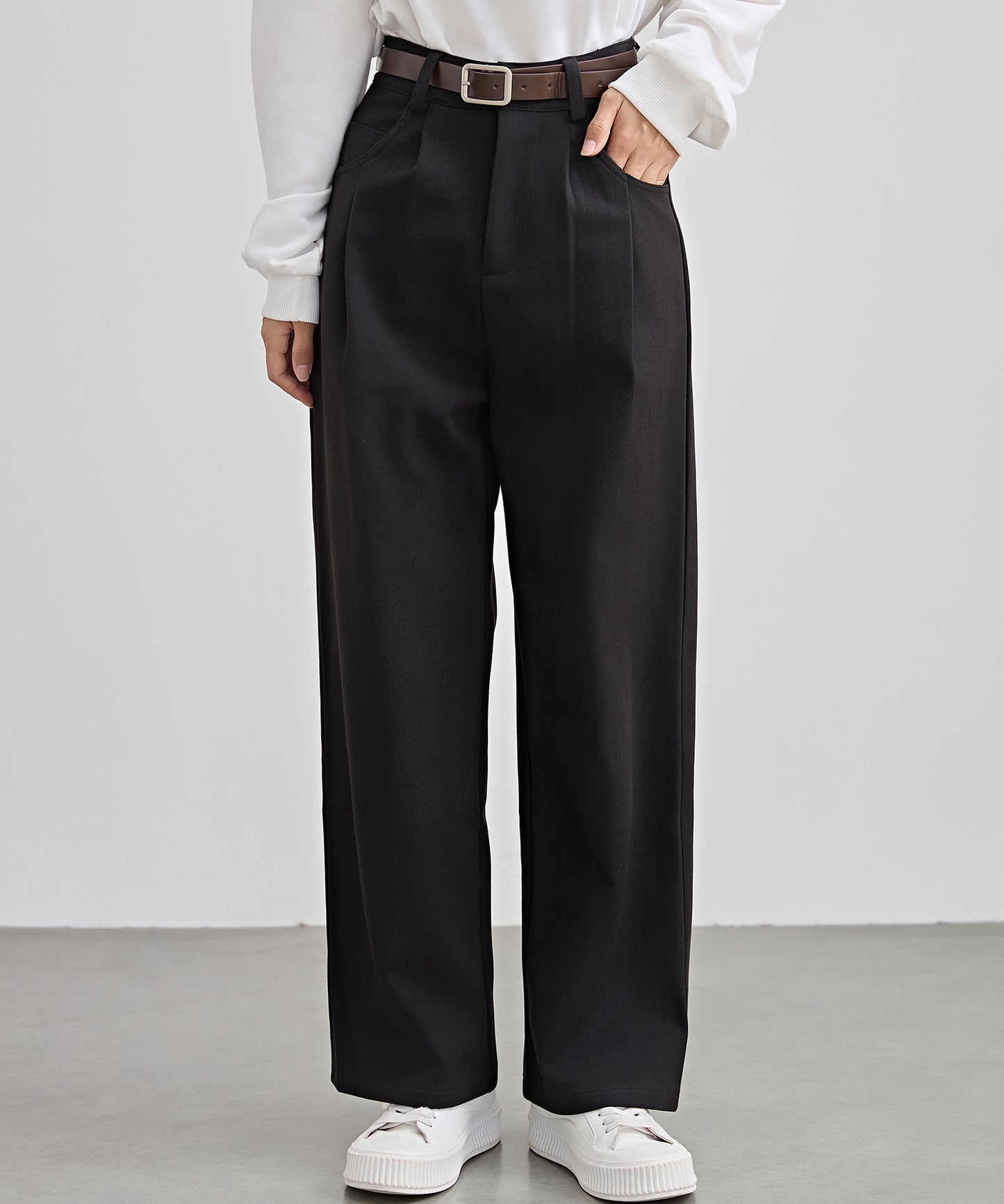 ハイウエスト ワイド ストレート タック パンツ 裏起毛