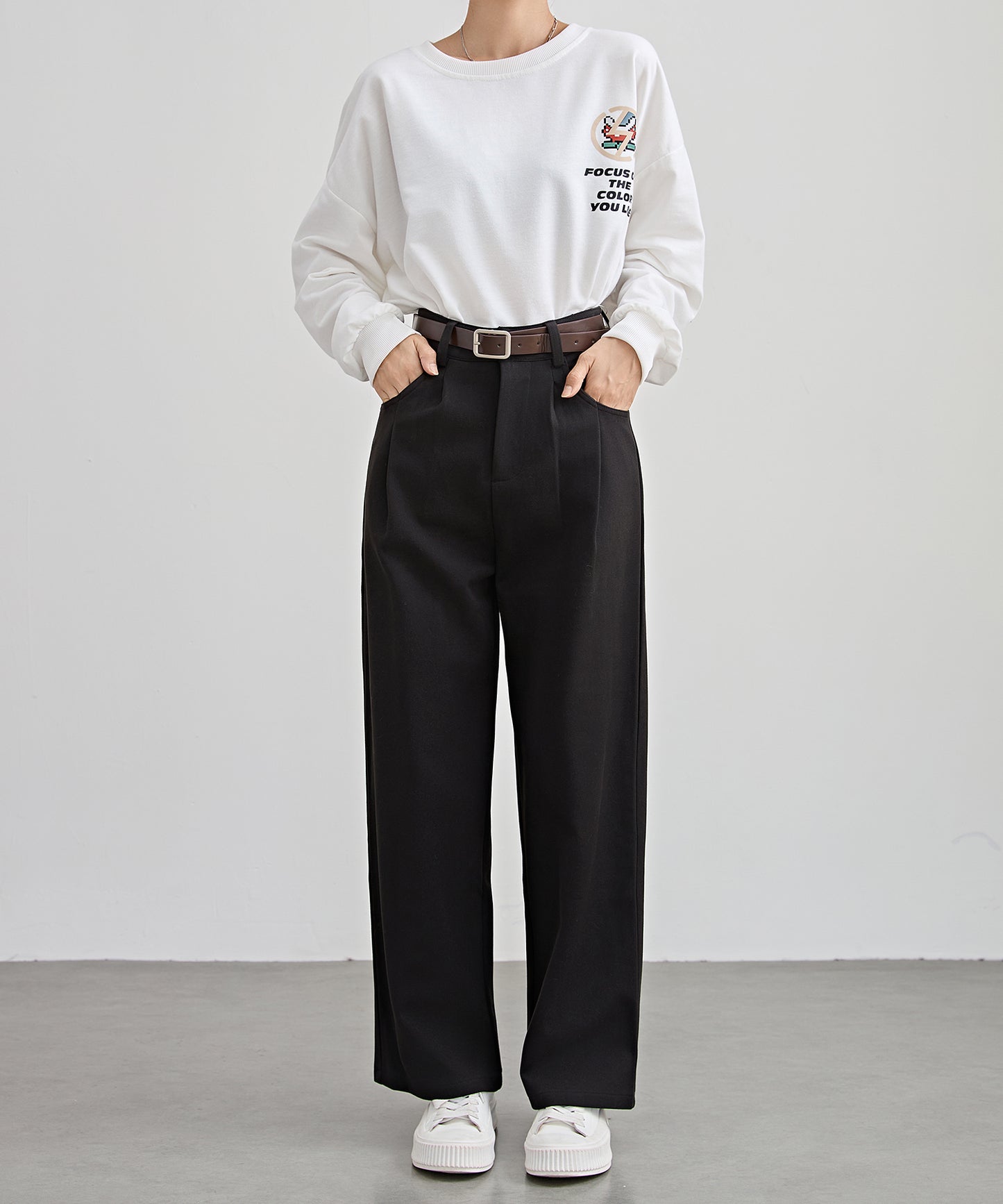 ハイウエスト ワイド ストレート タック パンツ 裏起毛