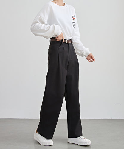 ハイウエスト ワイド ストレート タック パンツ 裏起毛