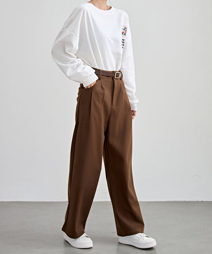 ハイウエスト ワイド ストレート タック パンツ 裏起毛