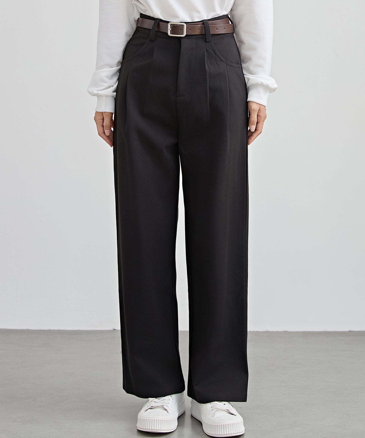 ハイウエスト ワイド ストレート タック パンツ 裏起毛