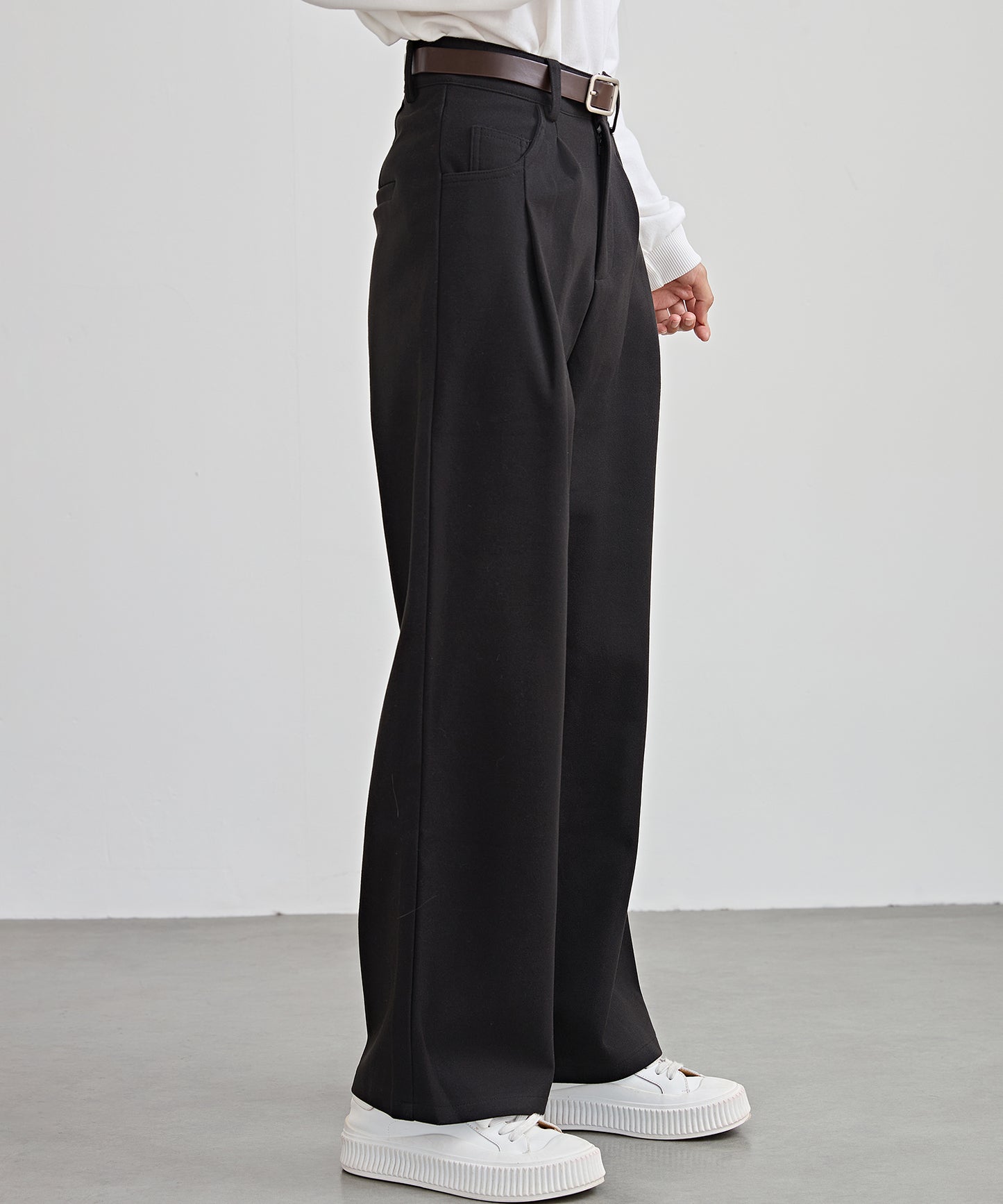 ハイウエスト ワイド ストレート タック パンツ 裏起毛