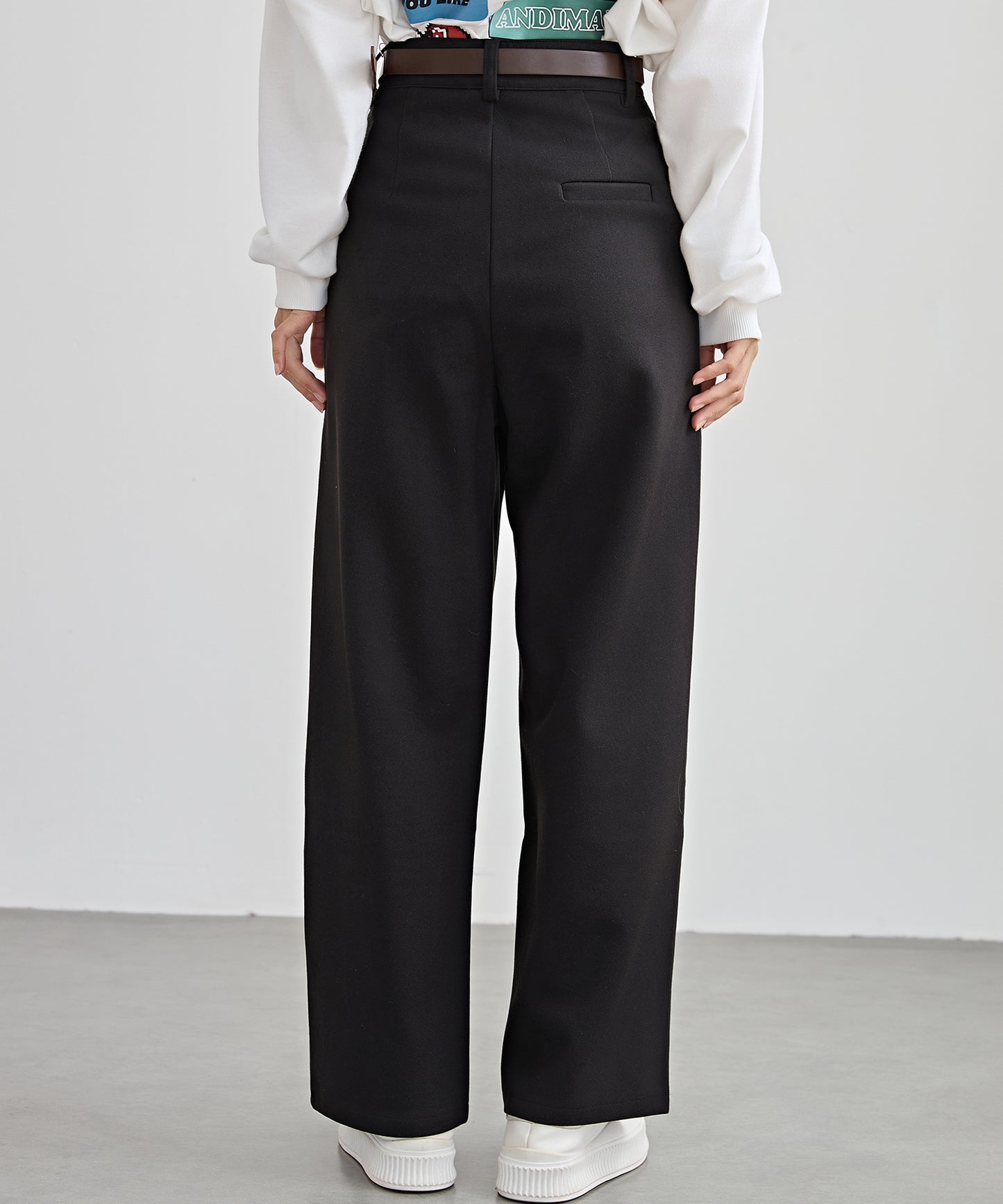 ハイウエスト ワイド ストレート タック パンツ 裏起毛