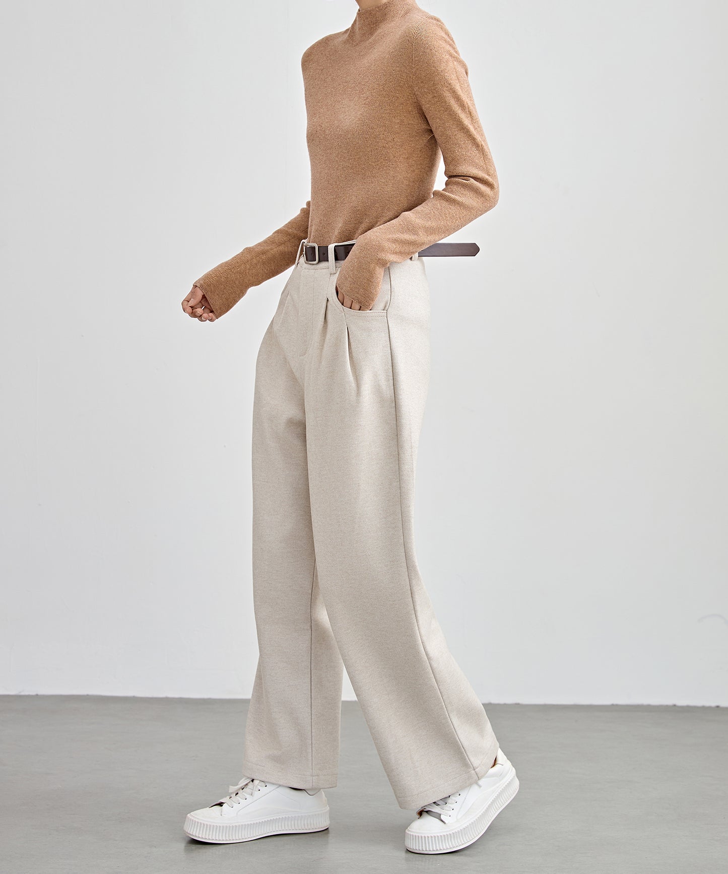 ハイウエスト ワイド ストレート タック パンツ 裏起毛