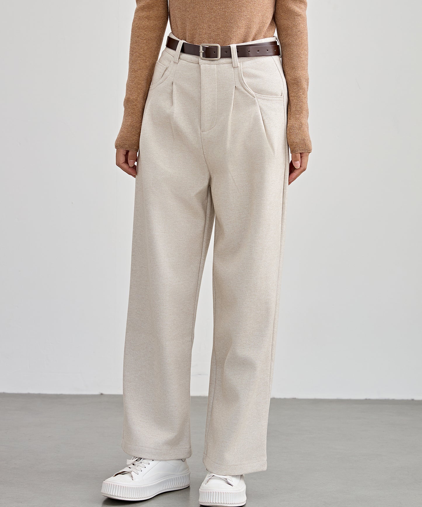 ハイウエスト ワイド ストレート タック パンツ 裏起毛