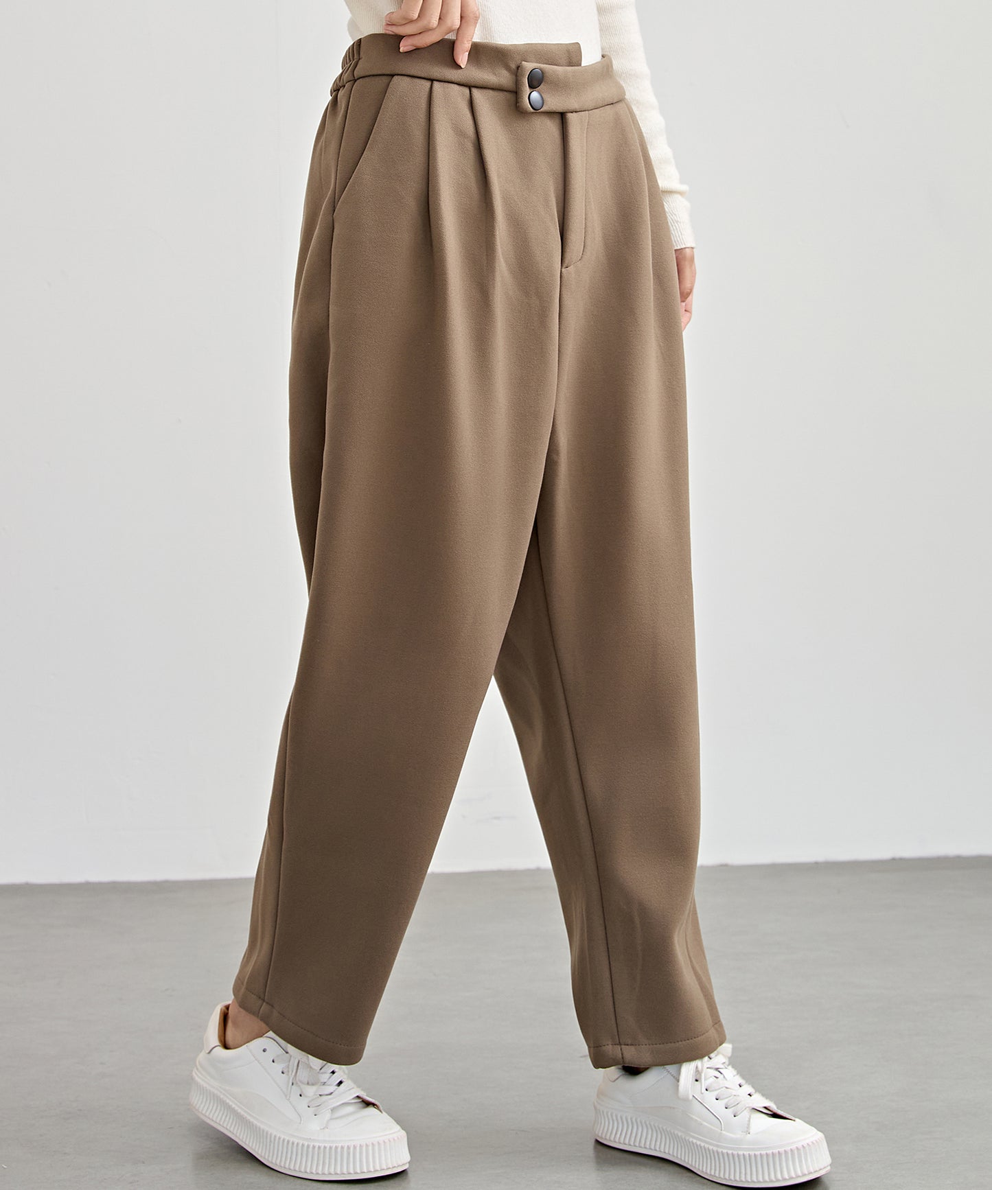 ハイウエスト タック テーパード クロップド パンツ 裏起毛