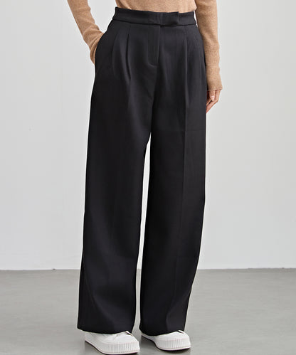 裏起毛 ハイウエスト センタープリーツ ワイド パンツ