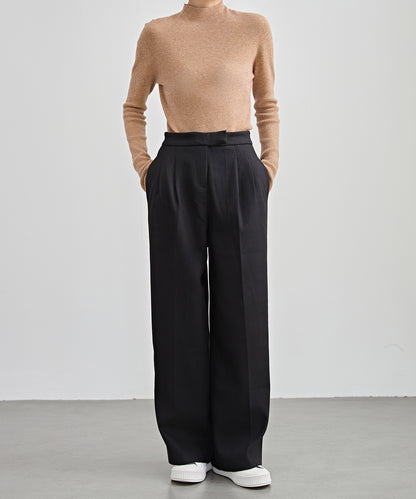 裏起毛 ハイウエスト センタープリーツ ワイド パンツ