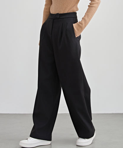 裏起毛 ハイウエスト センタープリーツ ワイド パンツ