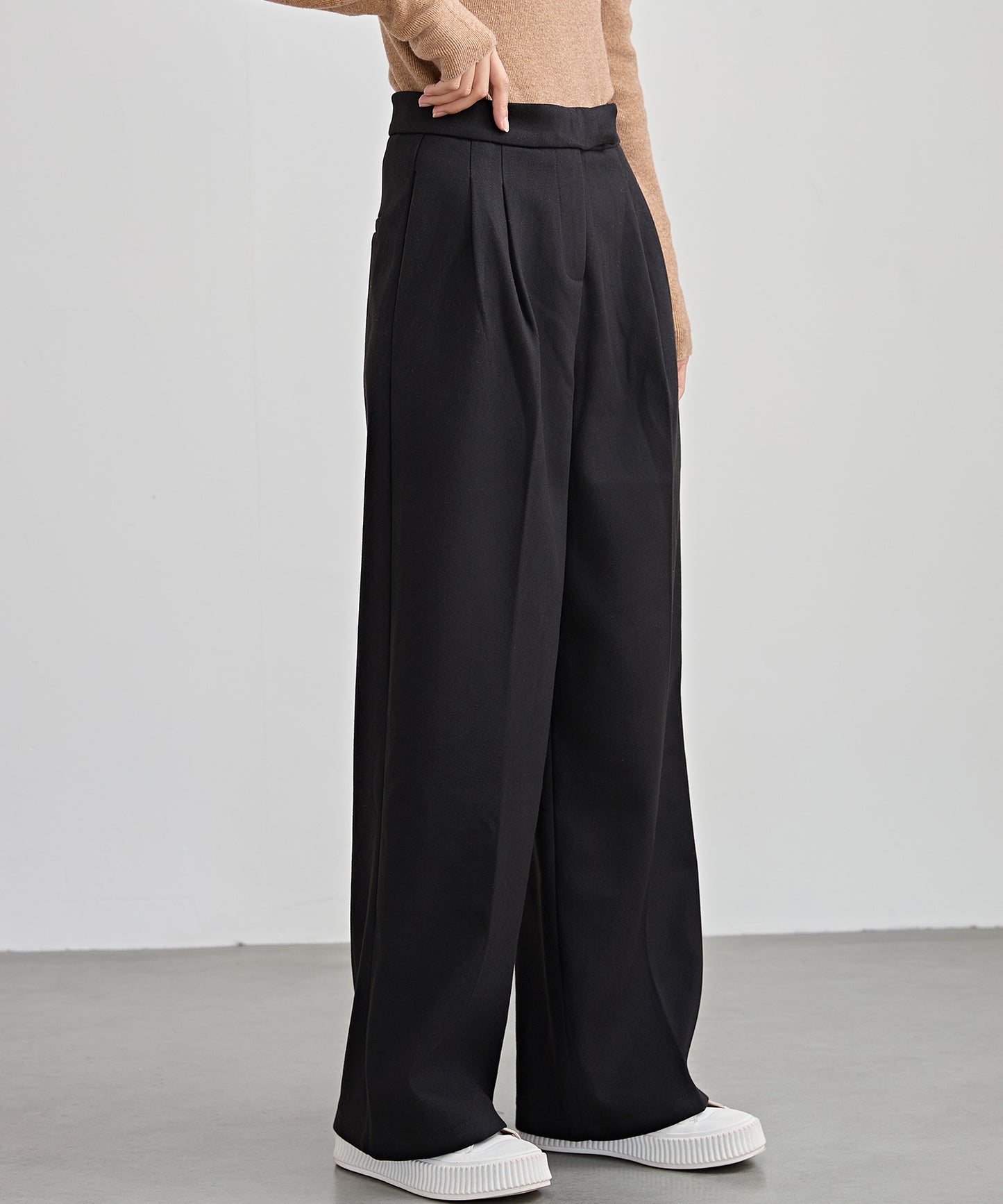 裏起毛 ハイウエスト センタープリーツ ワイド パンツ