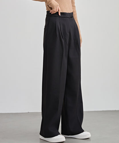 裏起毛 ハイウエスト センタープリーツ ワイド パンツ