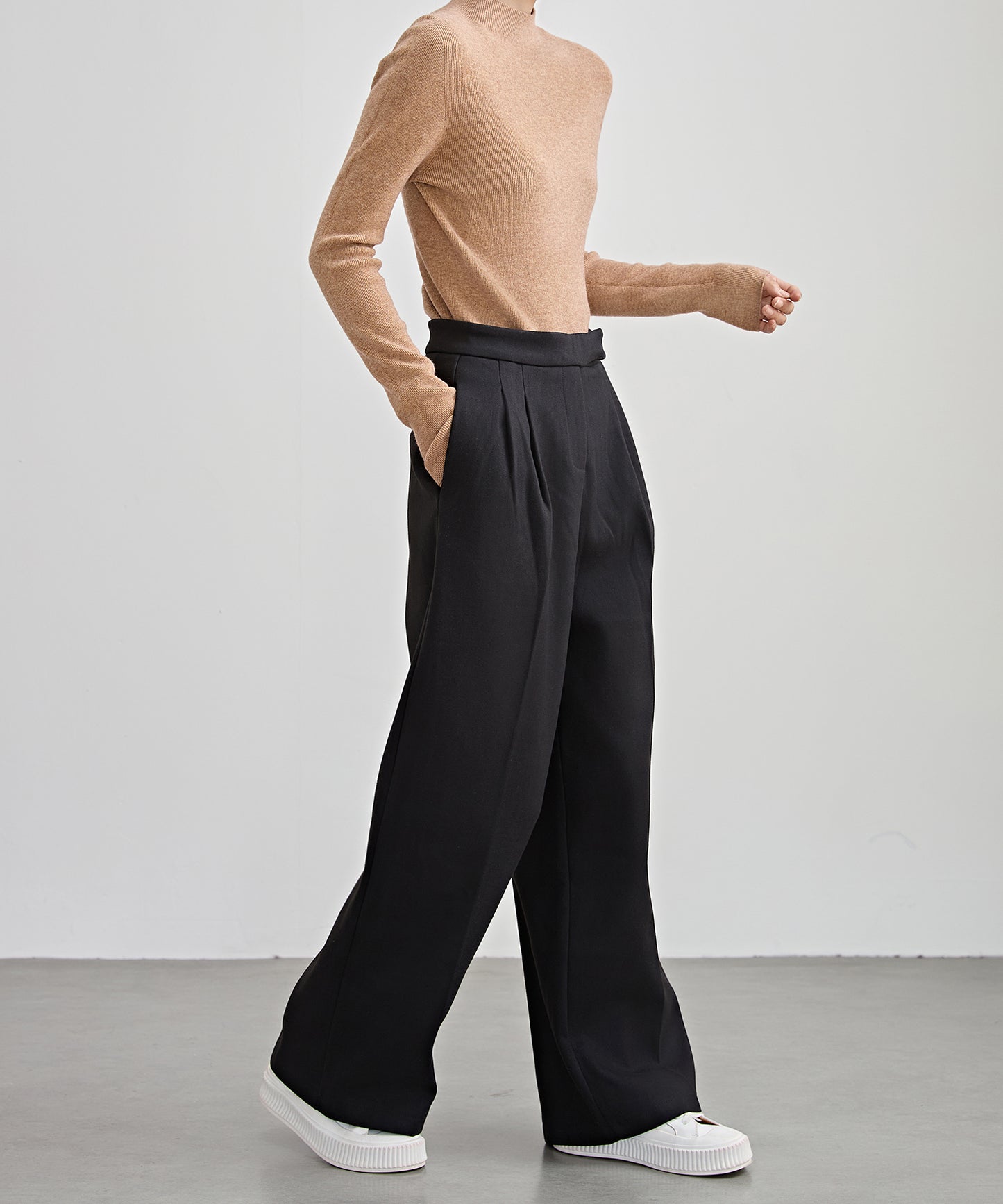 裏起毛 ハイウエスト センタープリーツ ワイド パンツ