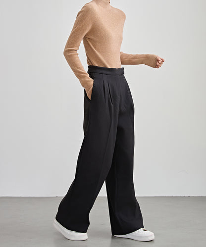 裏起毛 ハイウエスト センタープリーツ ワイド パンツ