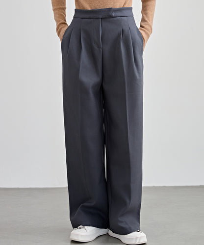 裏起毛 ハイウエスト センタープリーツ ワイド パンツ