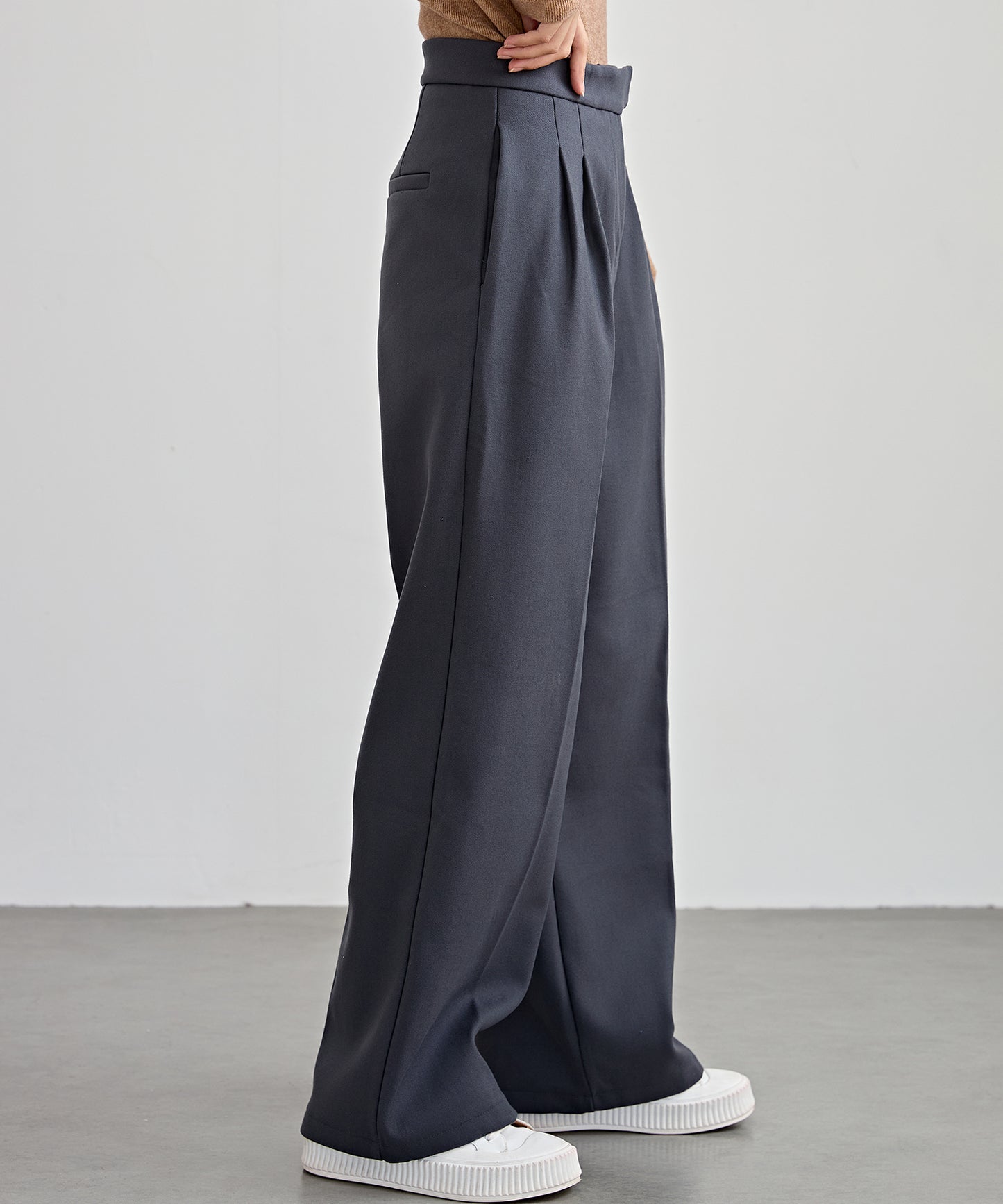 裏起毛 ハイウエスト センタープリーツ ワイド パンツ