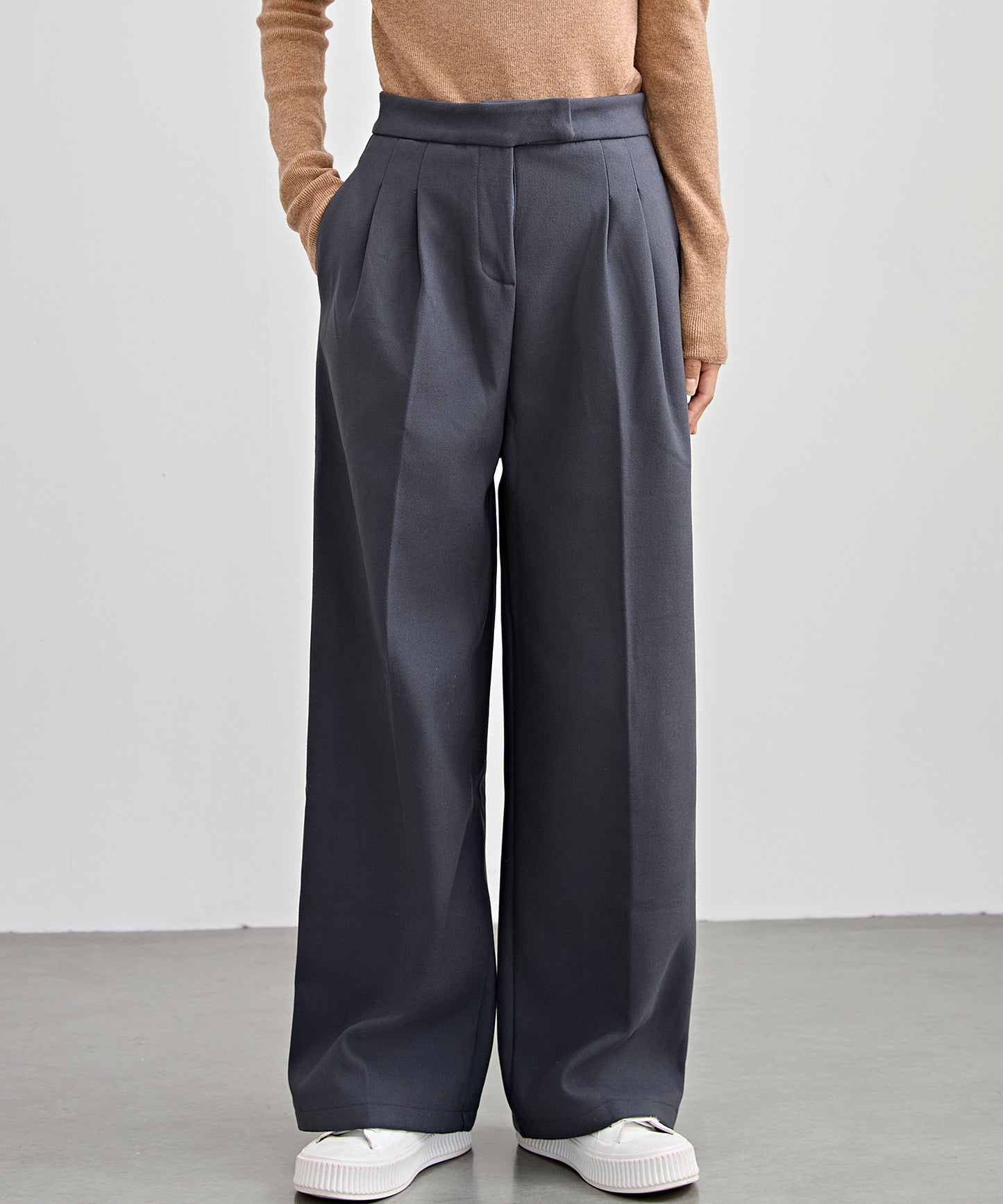 裏起毛 ハイウエスト センタープリーツ ワイド パンツ
