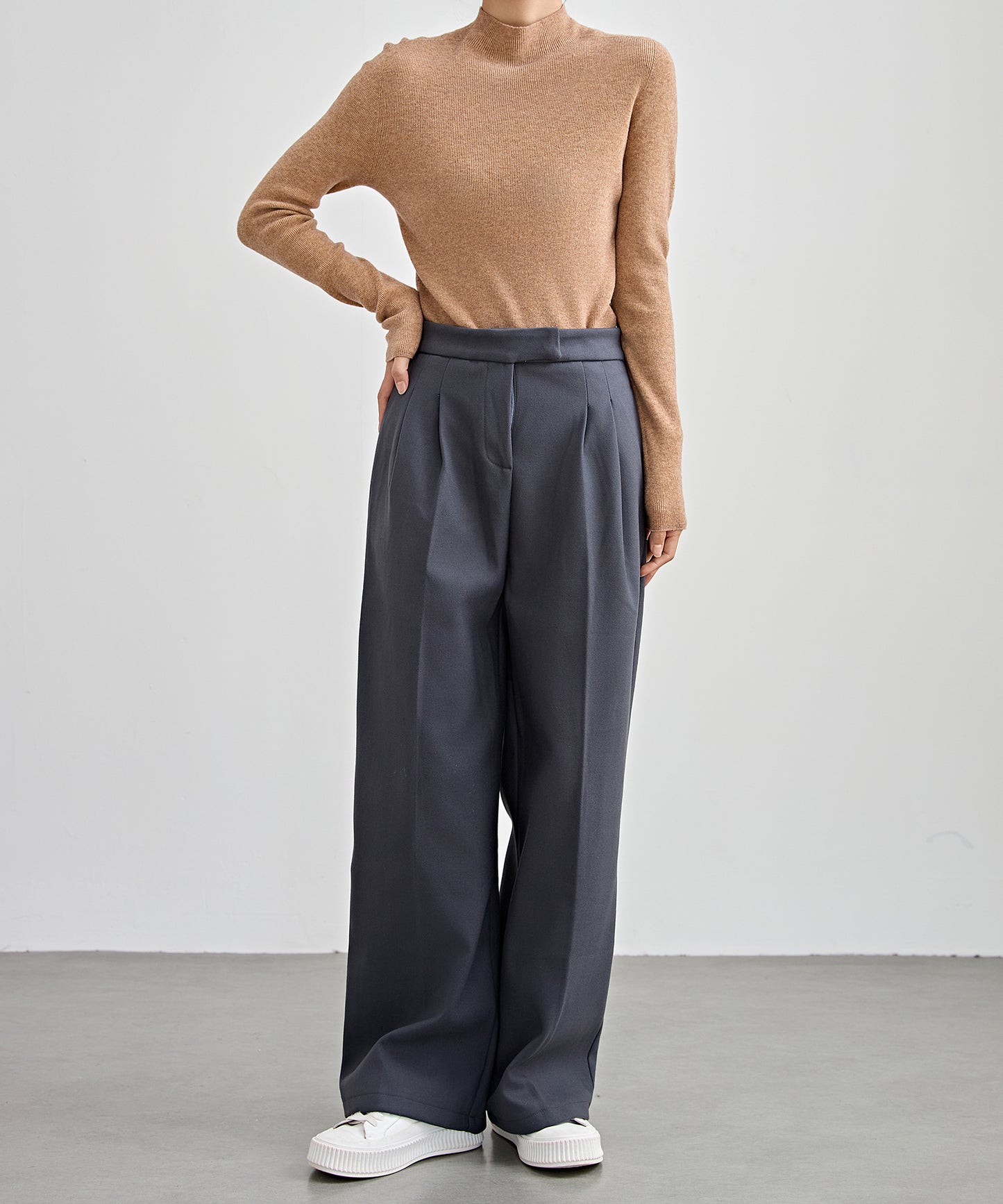 裏起毛 ハイウエスト センタープリーツ ワイド パンツ