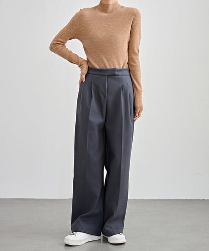 裏起毛 ハイウエスト センタープリーツ ワイド パンツ