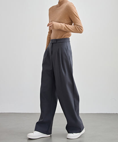 裏起毛 ハイウエスト センタープリーツ ワイド パンツ