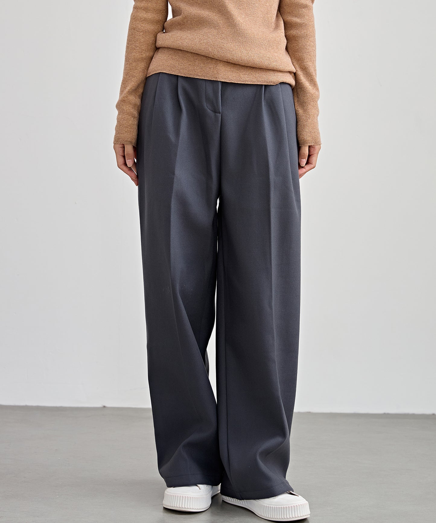 裏起毛 ハイウエスト センタープリーツ ワイド パンツ