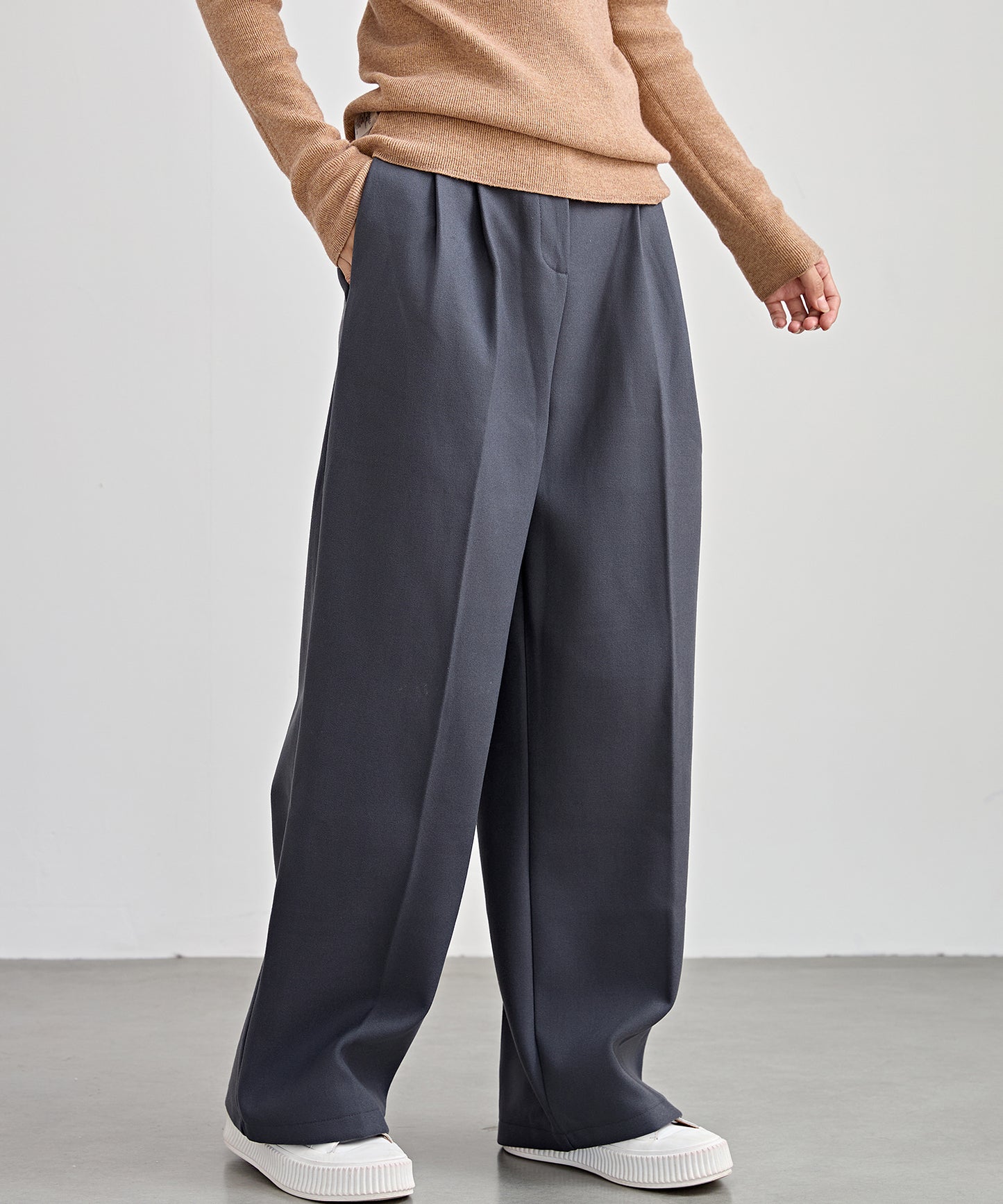 裏起毛 ハイウエスト センタープリーツ ワイド パンツ