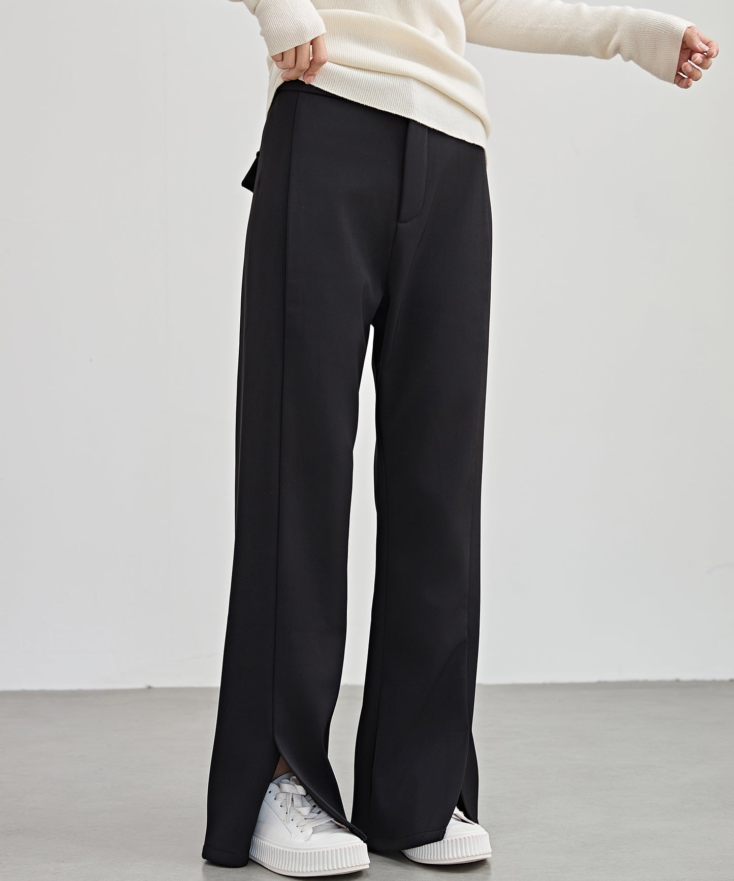 裾スリット ハイウエスト 裏起毛 ストレート パンツ