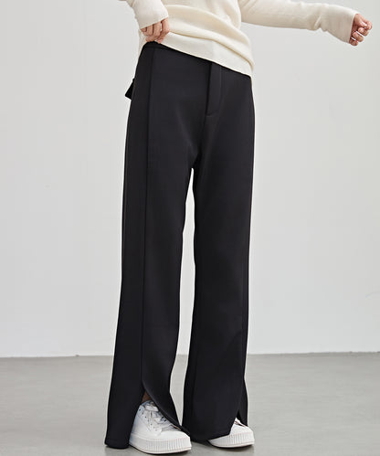 裾スリット ハイウエスト 裏起毛 ストレート パンツ