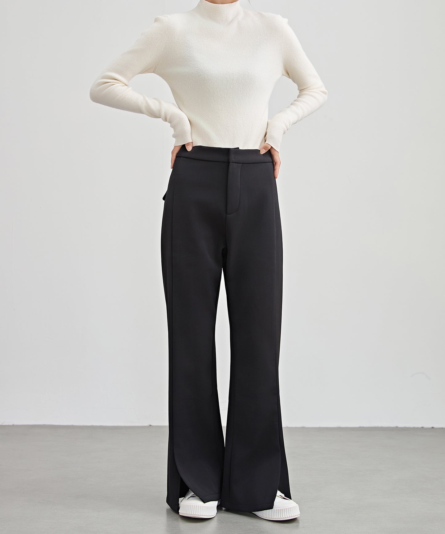 裾スリット ハイウエスト 裏起毛 ストレート パンツ