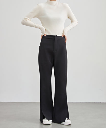 裾スリット ハイウエスト 裏起毛 ストレート パンツ
