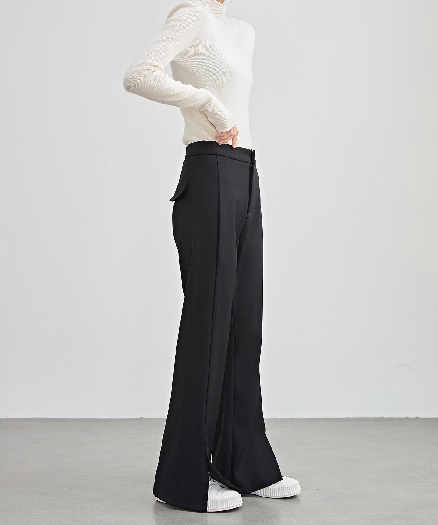 裾スリット ハイウエスト 裏起毛 ストレート パンツ