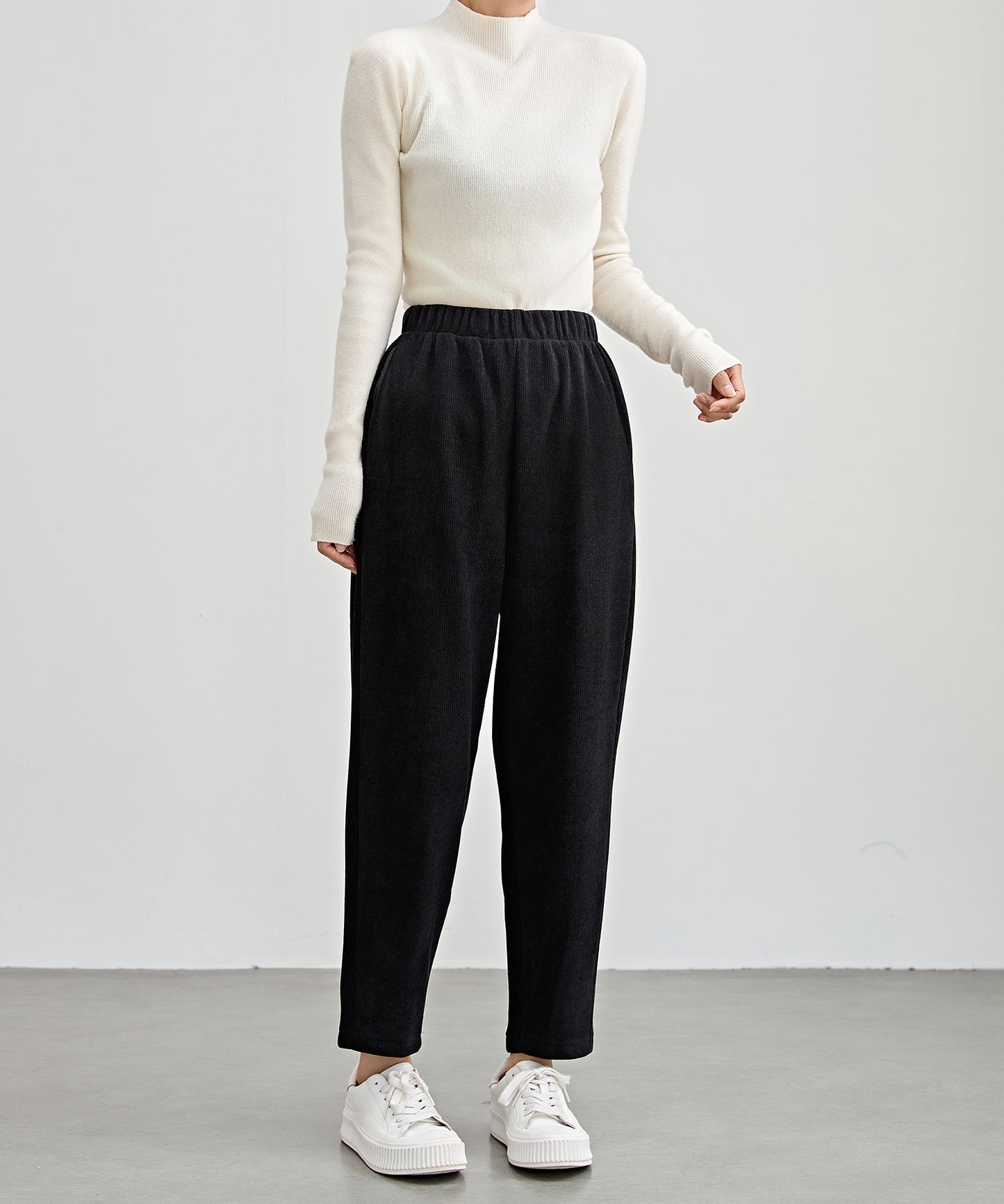 ソリッドカラー クロップド丈 テーパード イージーパンツ 裏起毛