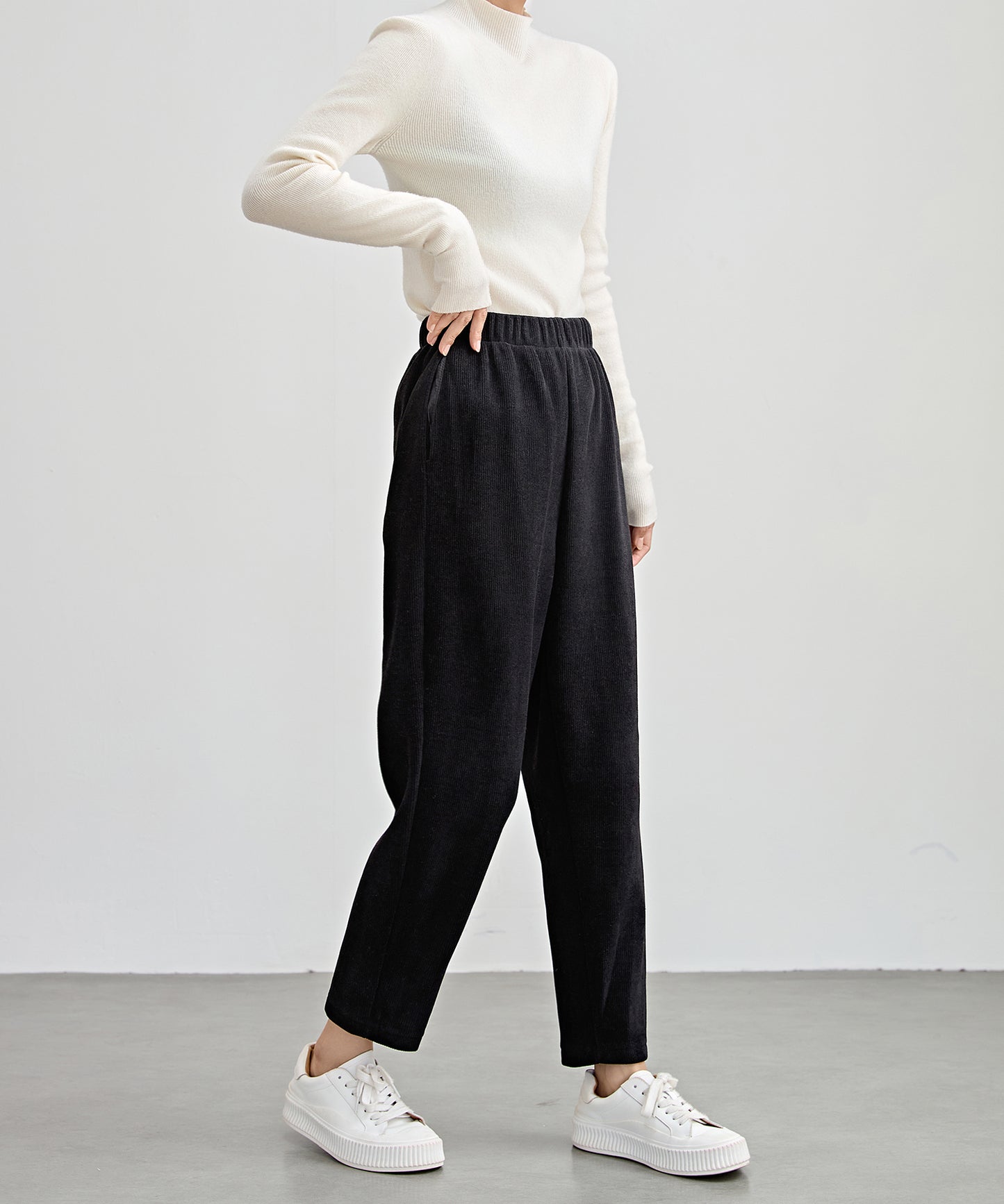 ソリッドカラー クロップド丈 テーパード イージーパンツ 裏起毛